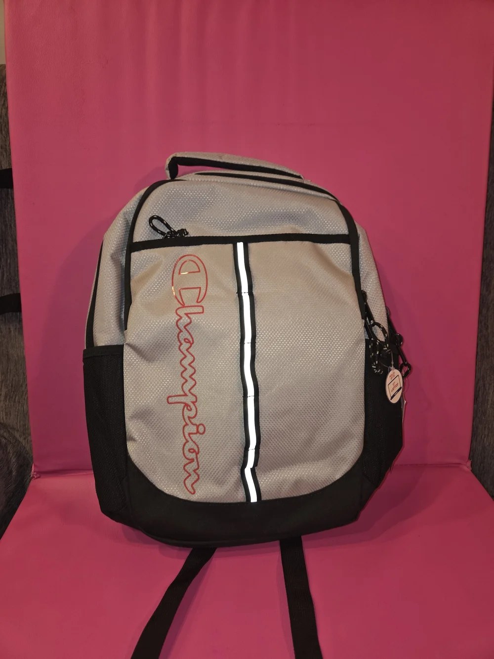 Champion Light Gray & Black Backpack with Red Logo